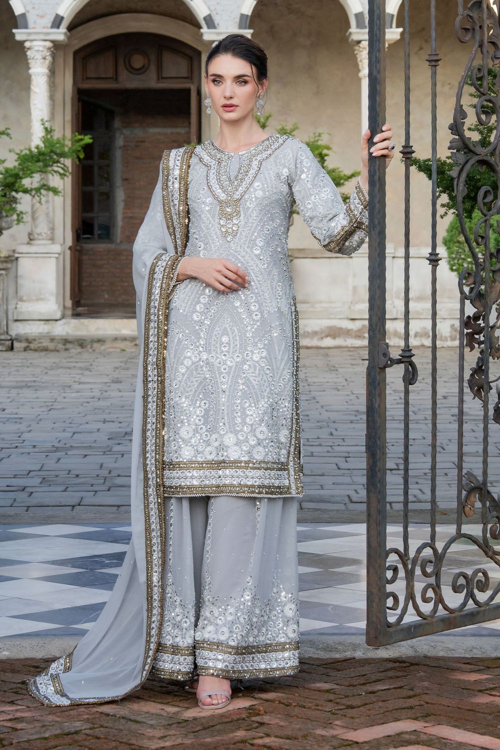 Duck Egg Grey Embroidered Chiffon Salwar Suit Online in Dubai UAE Abudhabi Ajman Sharjah