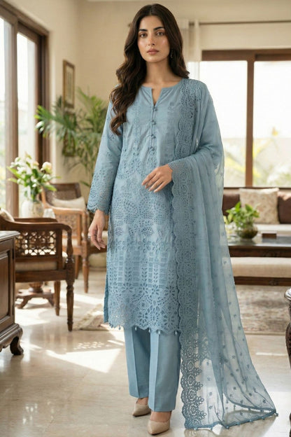 Duck Egg Grey Embroidered Chikankari Cotton Partywear Suit Online in Dubai UAE Abudhabi Ajman Sharjah