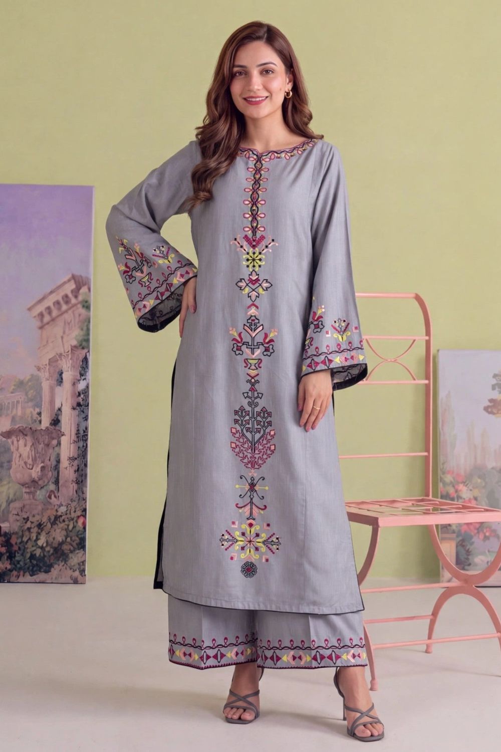 Duck Egg Grey Embroidered Khaddar Kurta Set Online in Dubai UAE Abudhabi Ajman Sharjah