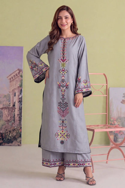 Duck Egg Grey Embroidered Khaddar Kurta Set Online in Dubai UAE Abudhabi Ajman Sharjah