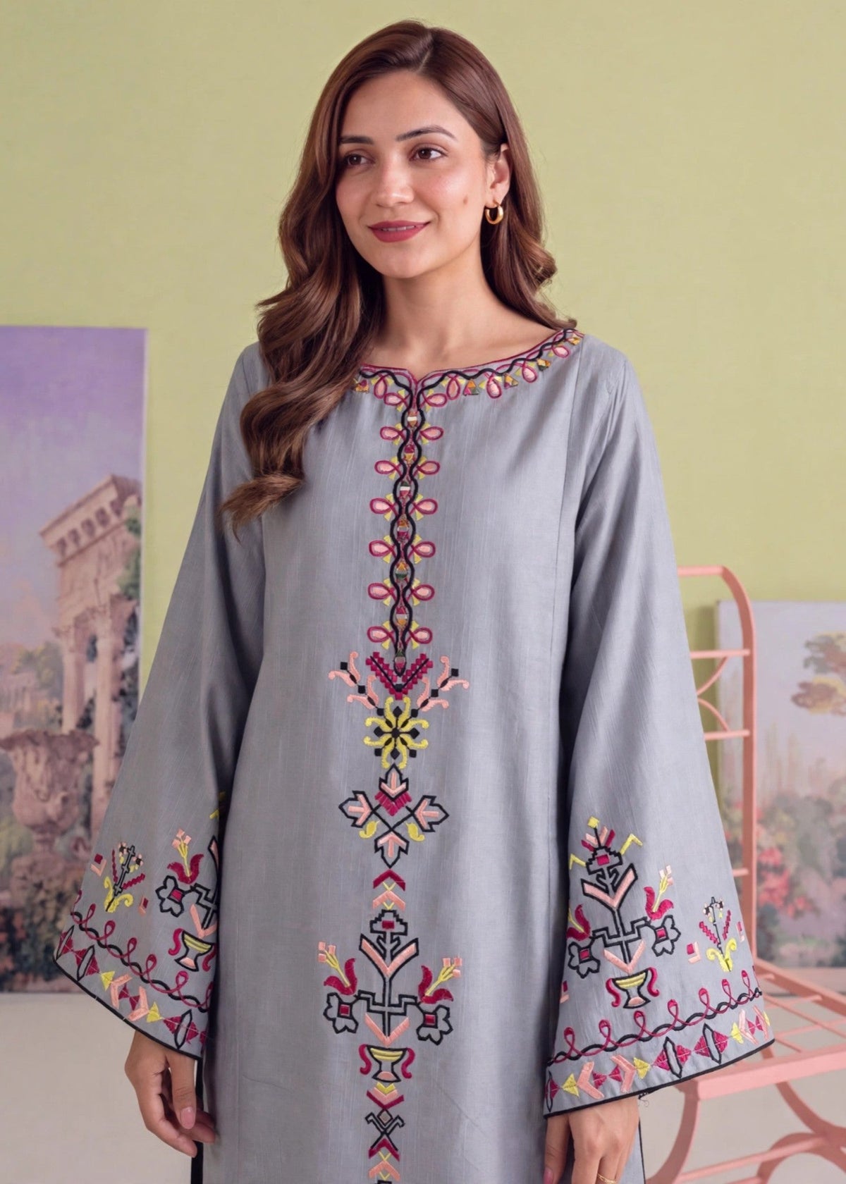 Duck Egg Grey Embroidered Khaddar Kurta Set Online in Dubai UAE Abudhabi Ajman Sharjah