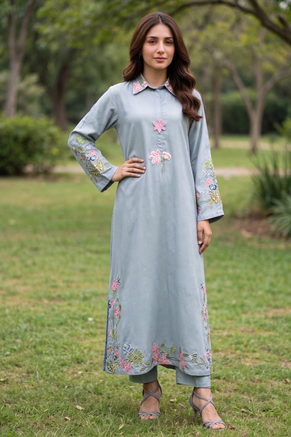Duck Egg Grey Embroidered Linen Kaftan Online in Dubai UAE Abudhabi Ajman Sharjah