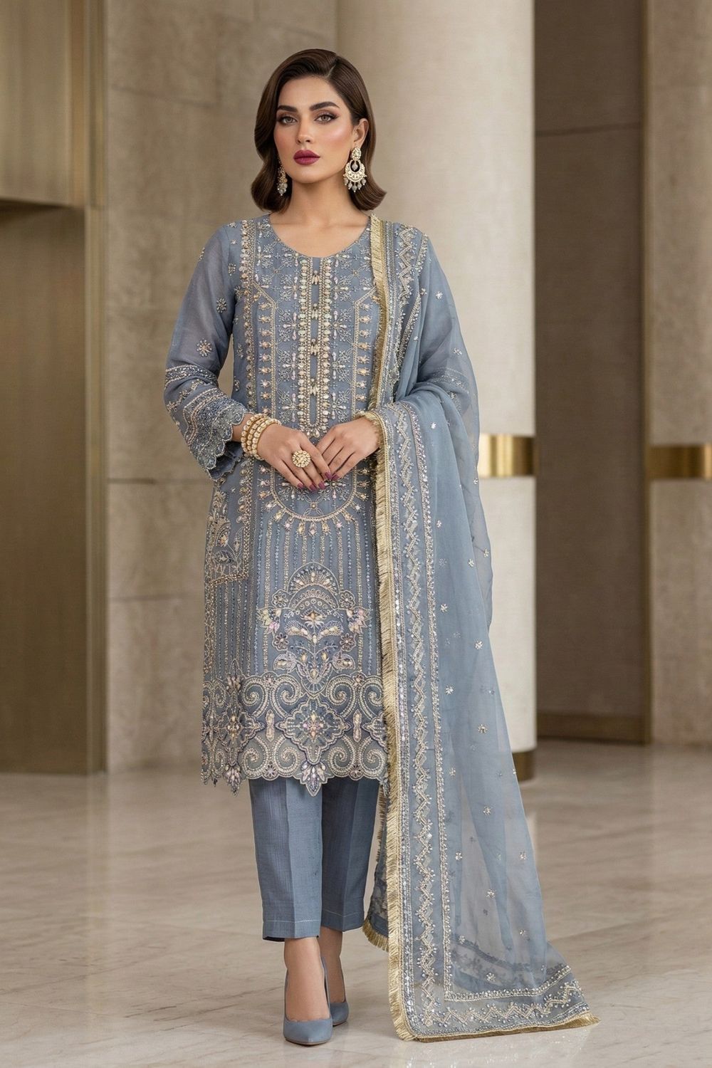 Duck Egg Grey Embroidered Organza Festive Suit Online in Dubai UAE Abudhabi Ajman Sharjah