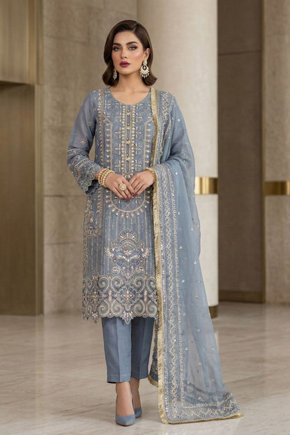 Duck Egg Grey Embroidered Organza Festive Suit Online in Dubai UAE Abudhabi Ajman Sharjah