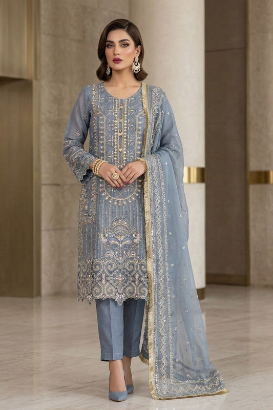 Duck Egg Grey Embroidered Organza Festive Suit Online in Dubai UAE Abudhabi Ajman Sharjah