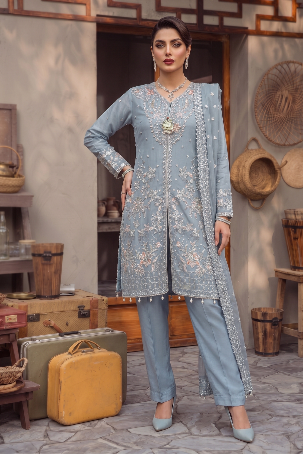 Duck Egg Grey Embroidered Organza Partywear Suit Online in Dubai UAE Abudhabi Ajman Sharjah