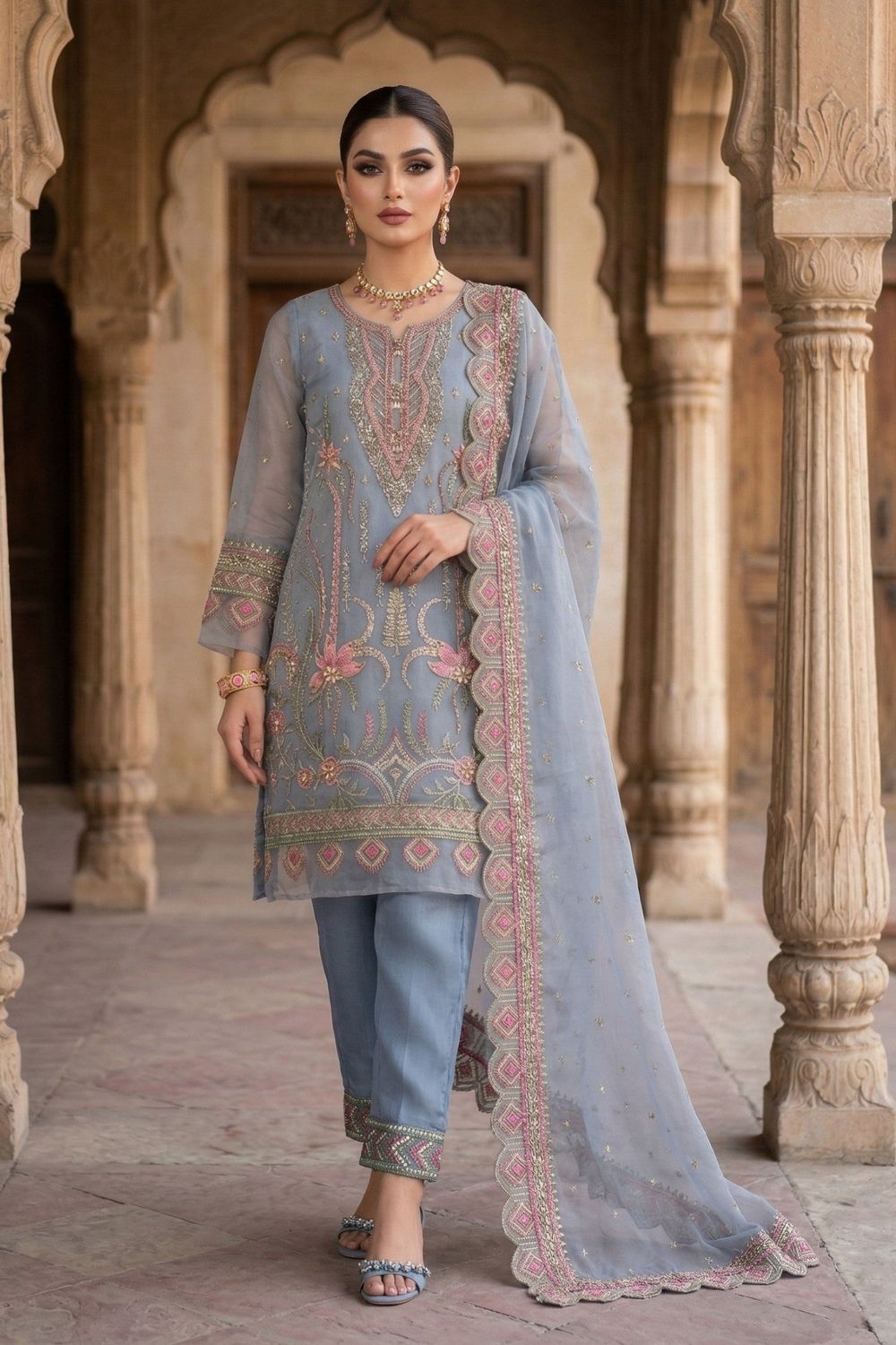Duck Egg Grey Embroidered Organza Salwar Kameez Online in Dubai UAE Abudhabi Ajman Sharjah