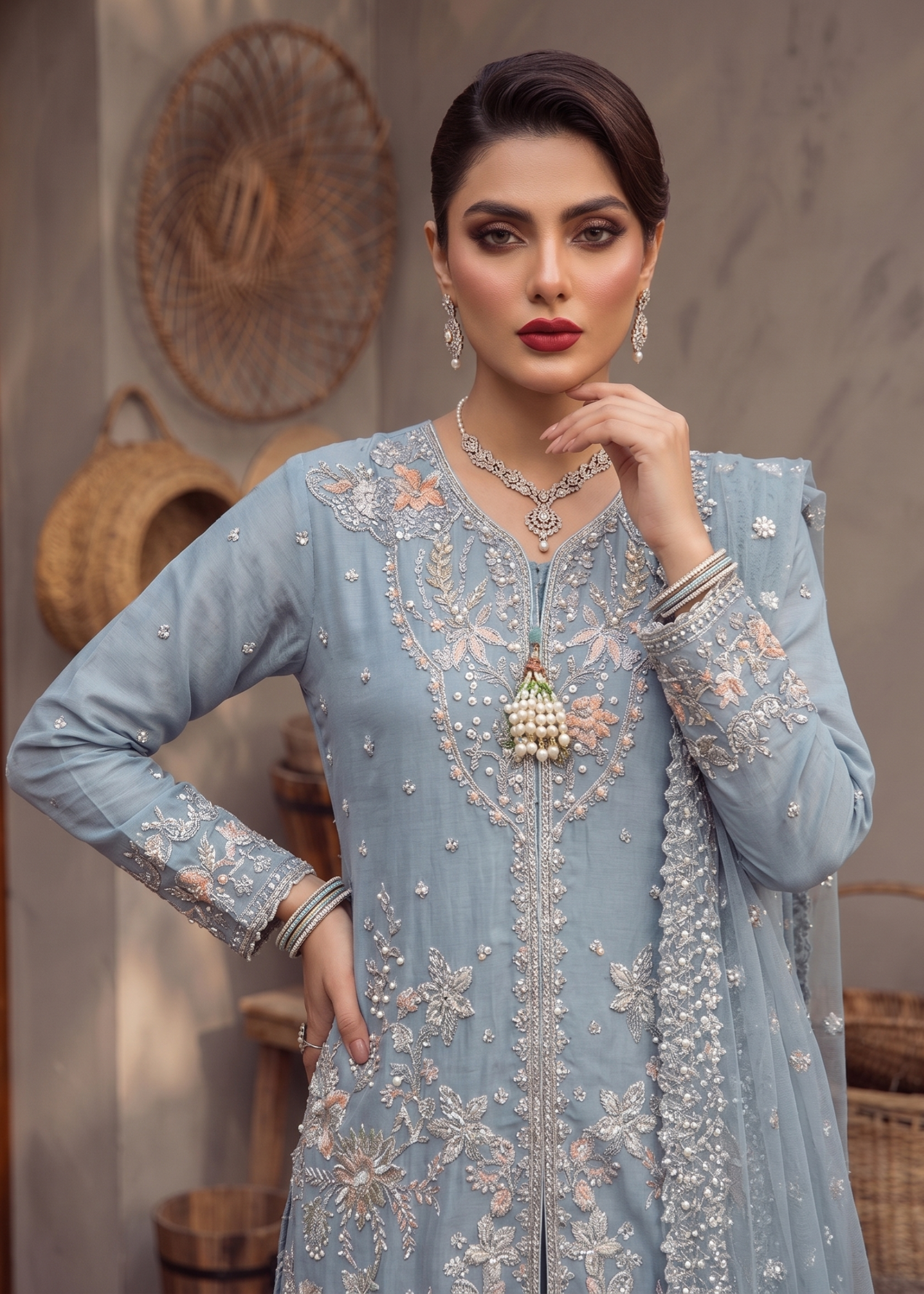 Duck Egg Grey Embroidered Organza Salwar Suit Online in UK USA Canada