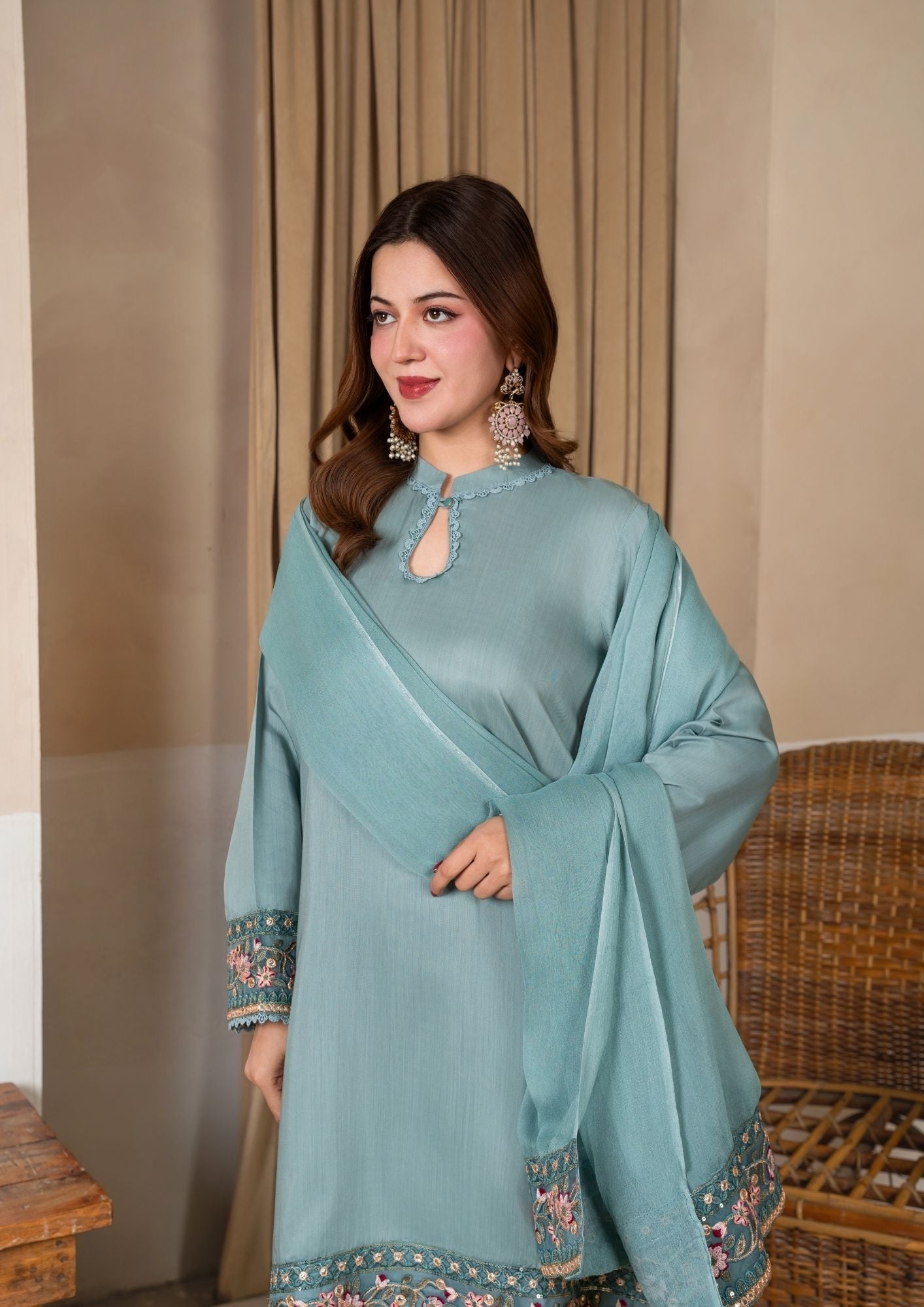 Duck Egg Grey Embroidered Viscose Raw Silk Farshi Shalwar Online in Dubai DXB UAE Abudhabi Meena Bazaar
