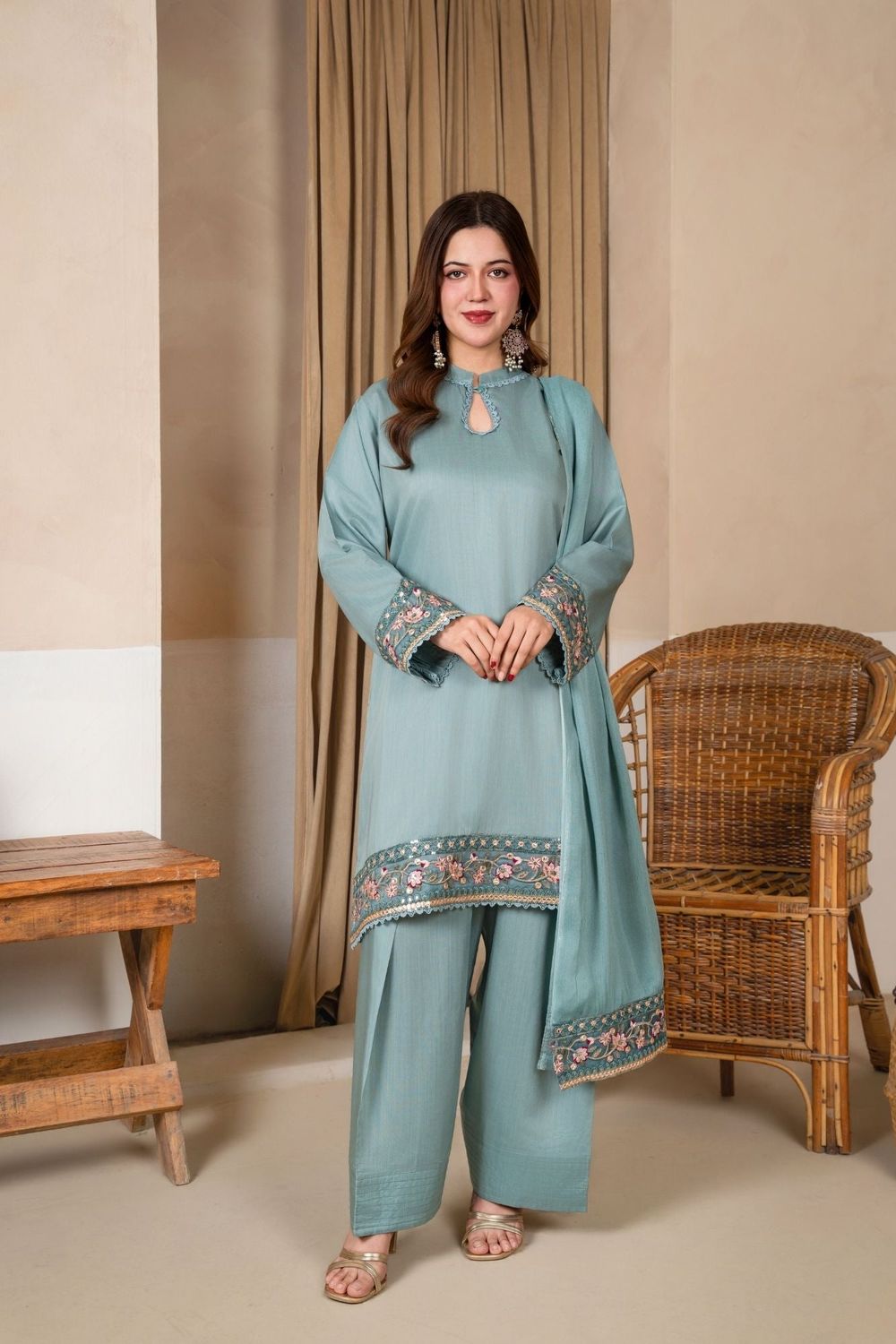 Duck Egg Grey Embroidered Viscose Raw Silk Farshi Shalwar Online in Dubai UAE Abudhabi Ajman Sharjah