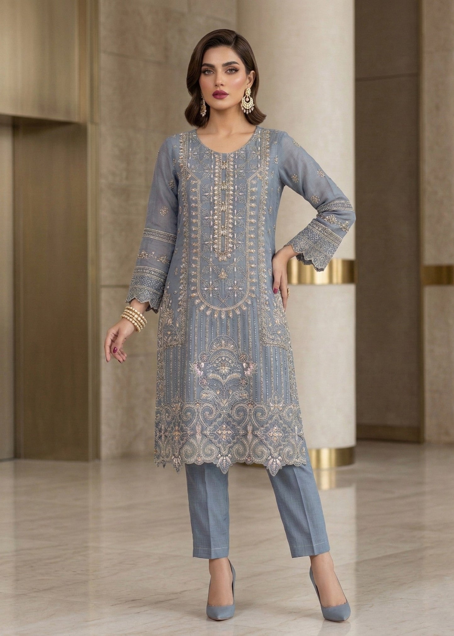 Duck Egg Grey Organza 3 Piece Festive Outfit Online in Dubai DXB UAE Abudhabi Meena Bazaar