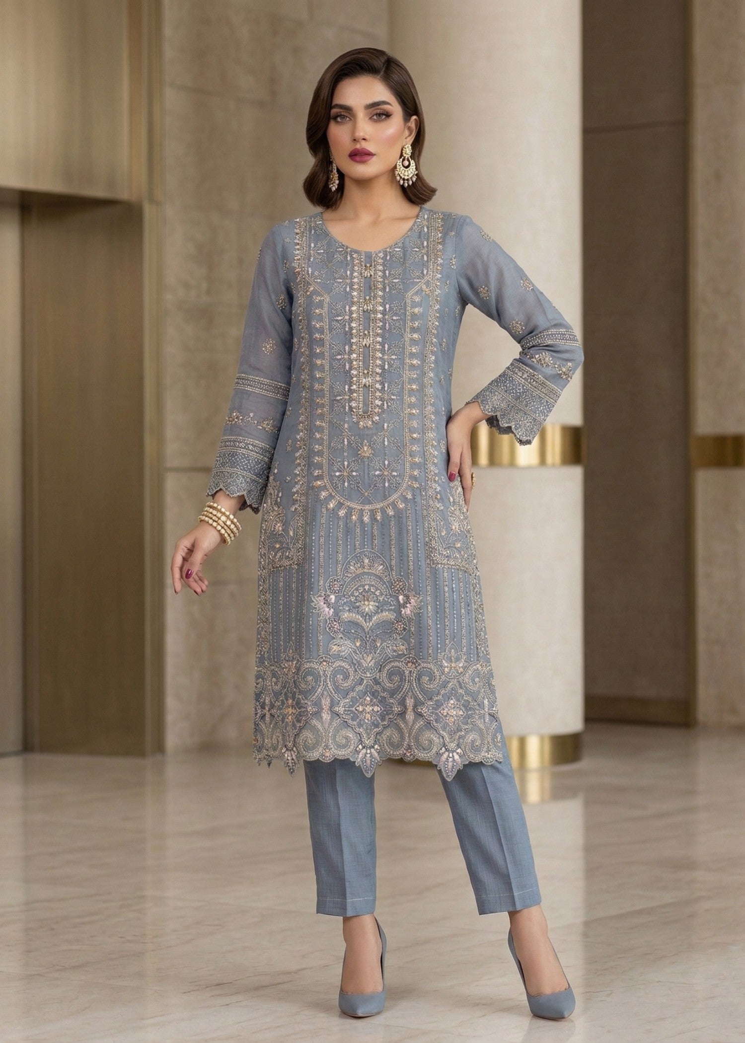 Duck Egg Grey Organza 3 Piece Festive Outfit Online in Dubai DXB UAE Abudhabi Meena Bazaar