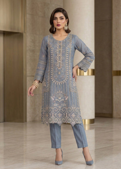 Duck Egg Grey Organza 3 Piece Festive Outfit Online in Dubai DXB UAE Abudhabi Meena Bazaar