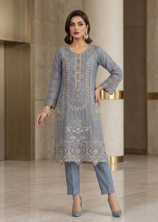 Duck Egg Grey Organza 3 Piece Festive Outfit Online in Dubai DXB UAE Abudhabi Meena Bazaar