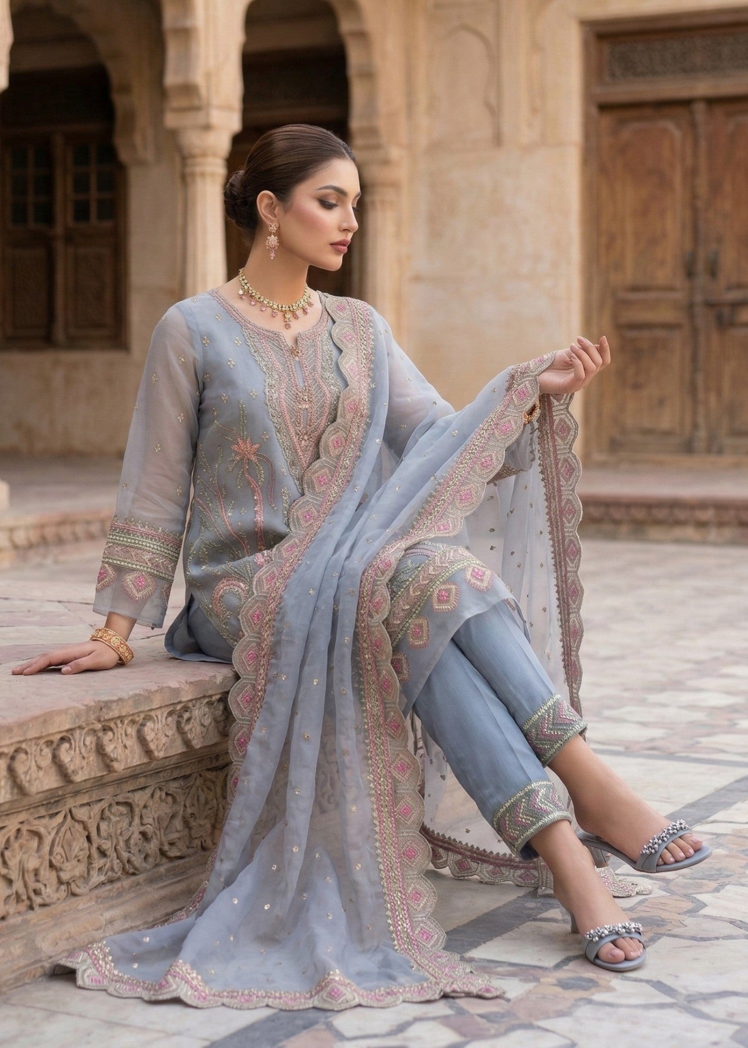 Duck Egg Grey Organza Partywear Salwar Suit Online in Dubai UAE Abudhabi Ajman Sharjah