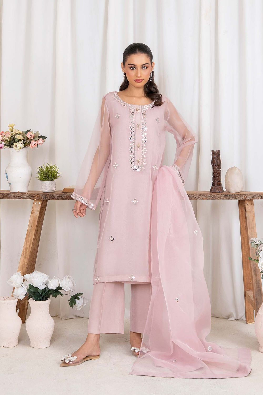 Dusty Pink Organza Embroidered Festive Suit Online in Dubai UAE Abudhabi Ajman Sharjah