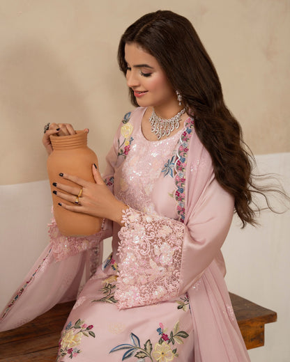 Dusty Rose 3D Embellished Shamoz Silk Pakistani Clothes for Formal Occasions Online in UK USA Canada