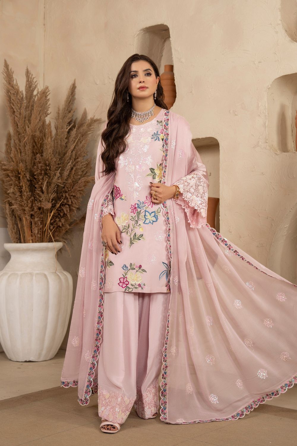 Dusty Rose Embroidered Shamoz Silk Pakistani Suit Online in Dubai UAE Abudhabi Ajman Sharjah