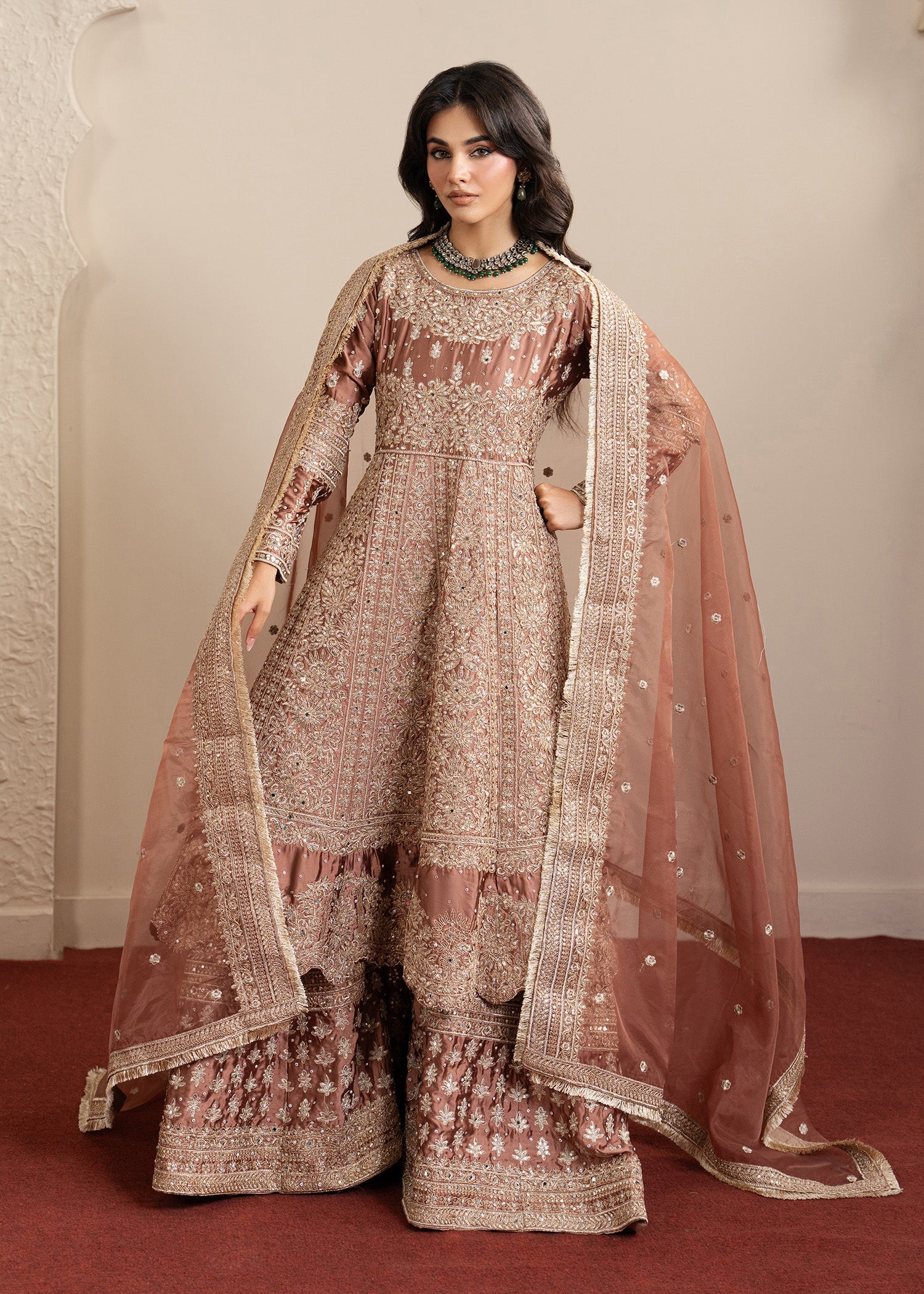Dusty Rose Floral Embellished Pishwas with Dupatta Online in UK USA Canada