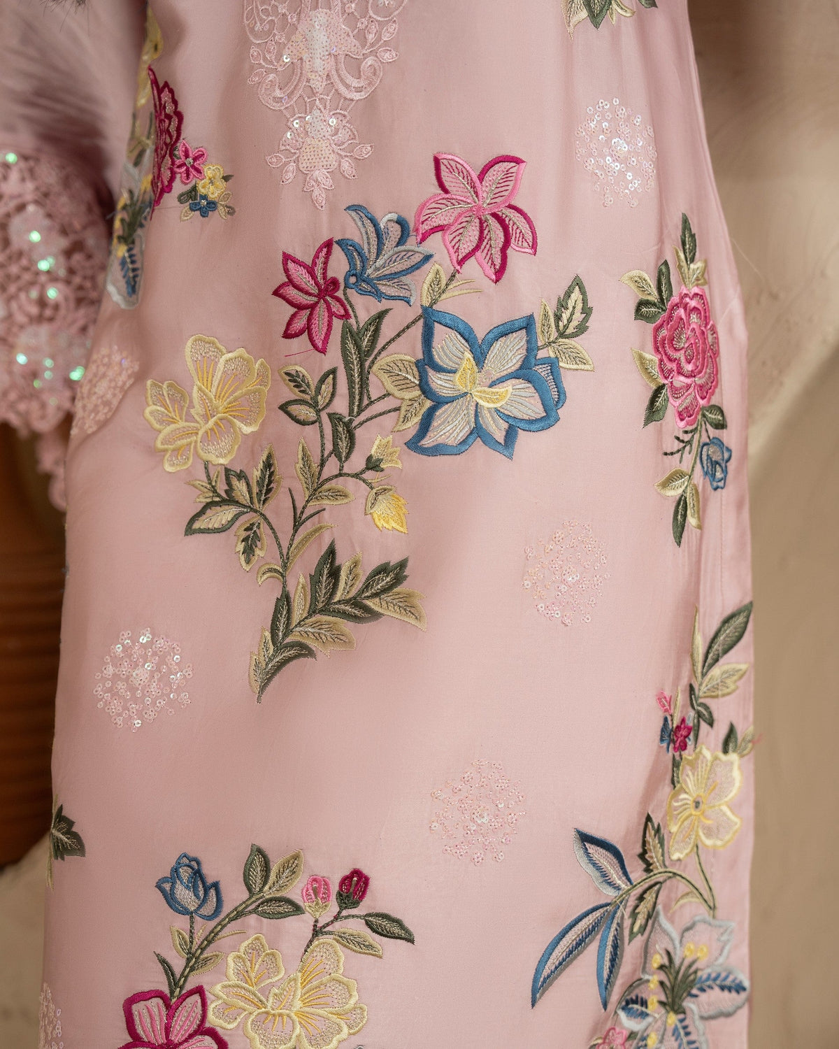 Dusty Rose Multi Thread Embroidered Shamoz Silk Suit Online in Dubai DXB UAE Abudhabi Meena Bazaar