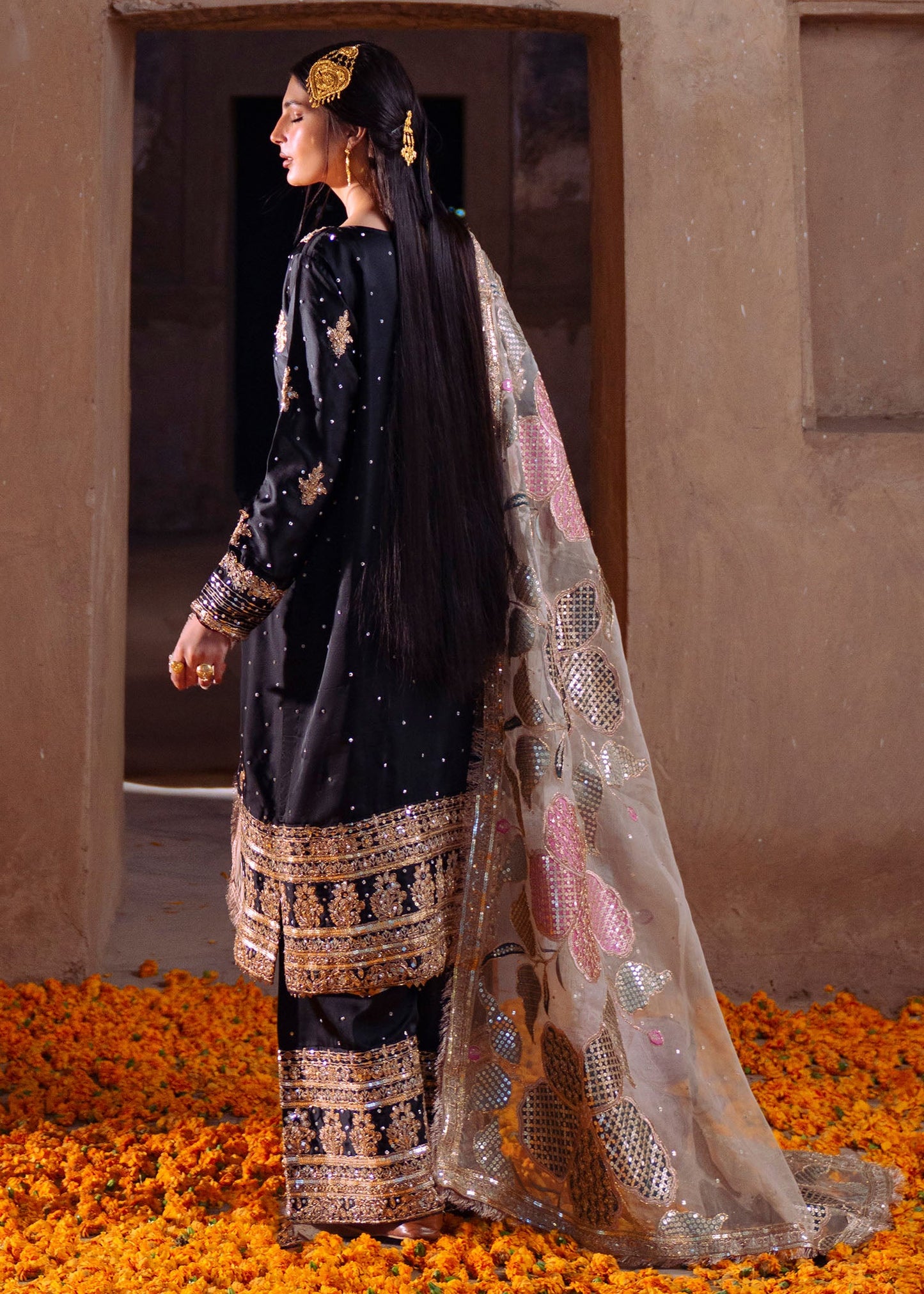 Ebony Handcrafted Motif Charmuse Wedding Outfit Online in Dubai UAE Abudhabi Ajman Sharjah