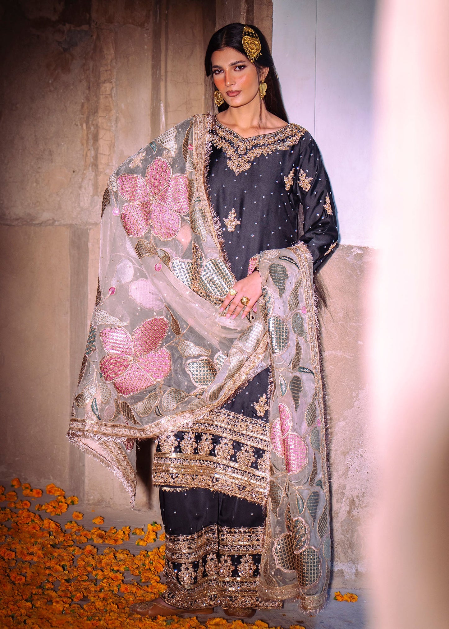 Ebony Metallic Embroidered Charmuse Wedding Guest Dress Online in Dubai DXB UAE Abudhabi Meena Bazaar