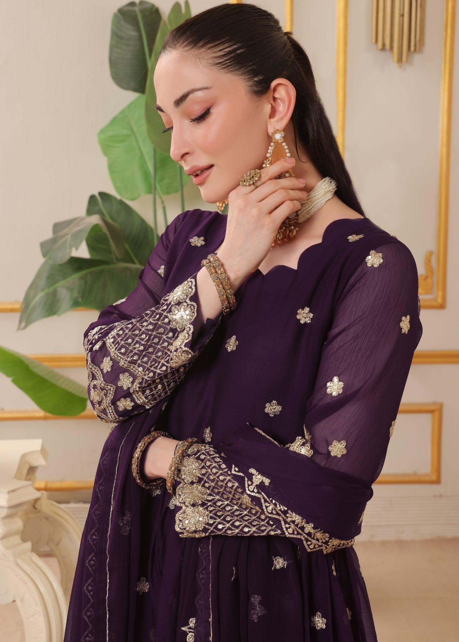 Egg Plant Chiffon 3 Piece Festive Suit Online in Sri Lanka India Australia