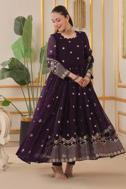 Egg Plant Embellished Chiffon Flared Pishwas Suit Online in Dubai UAE Abudhabi Ajman Sharjah