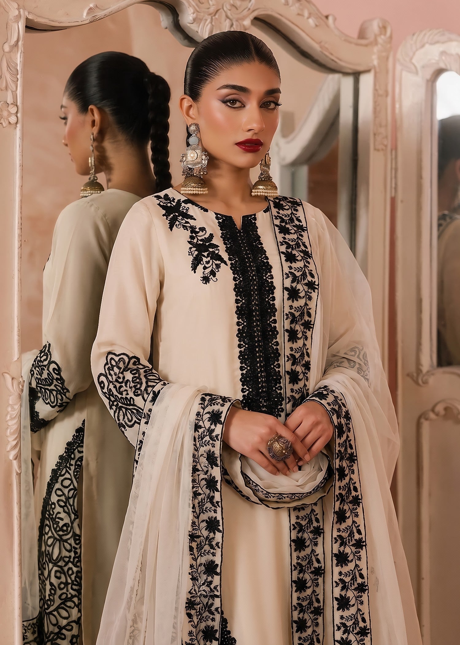 Elegant Beige Chiffon Embroidered 3 Piece Suit Online in Sri Lanka India Australia