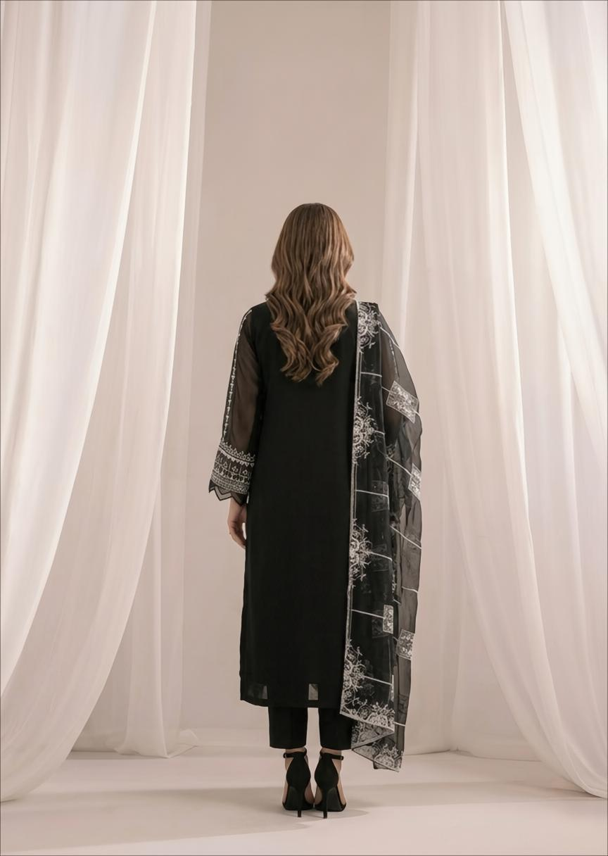 Elegant Black Chiffon Festive Wear Kurta with Dupatta Online in Dubai UAE Abudhabi Ajman Sharjah