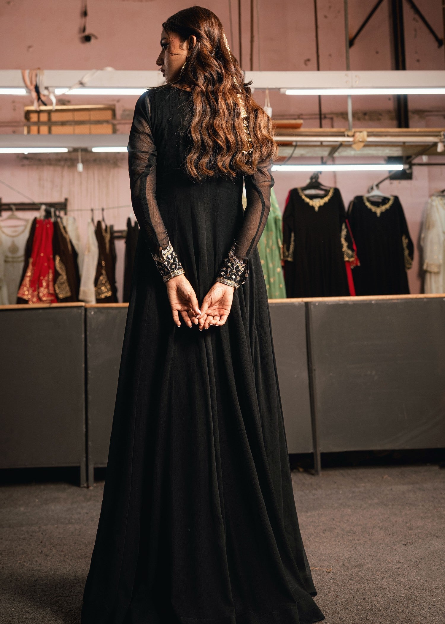Elegant Black Chiffon Pishwas with Golden Embroidery Online in Dubai DXB UAE Abudhabi Meena Bazaar