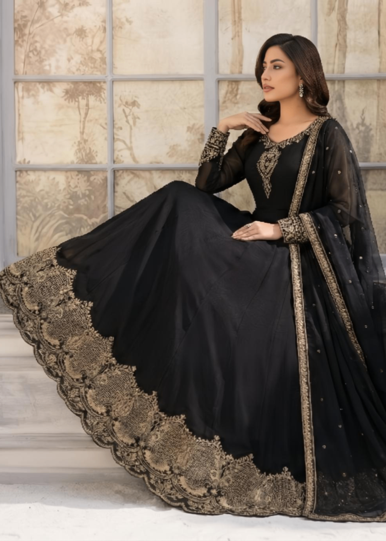 Elegant Black Embroidered Festive Maxi Suit Online in Dubai UAE Abudhabi Ajman Sharjah