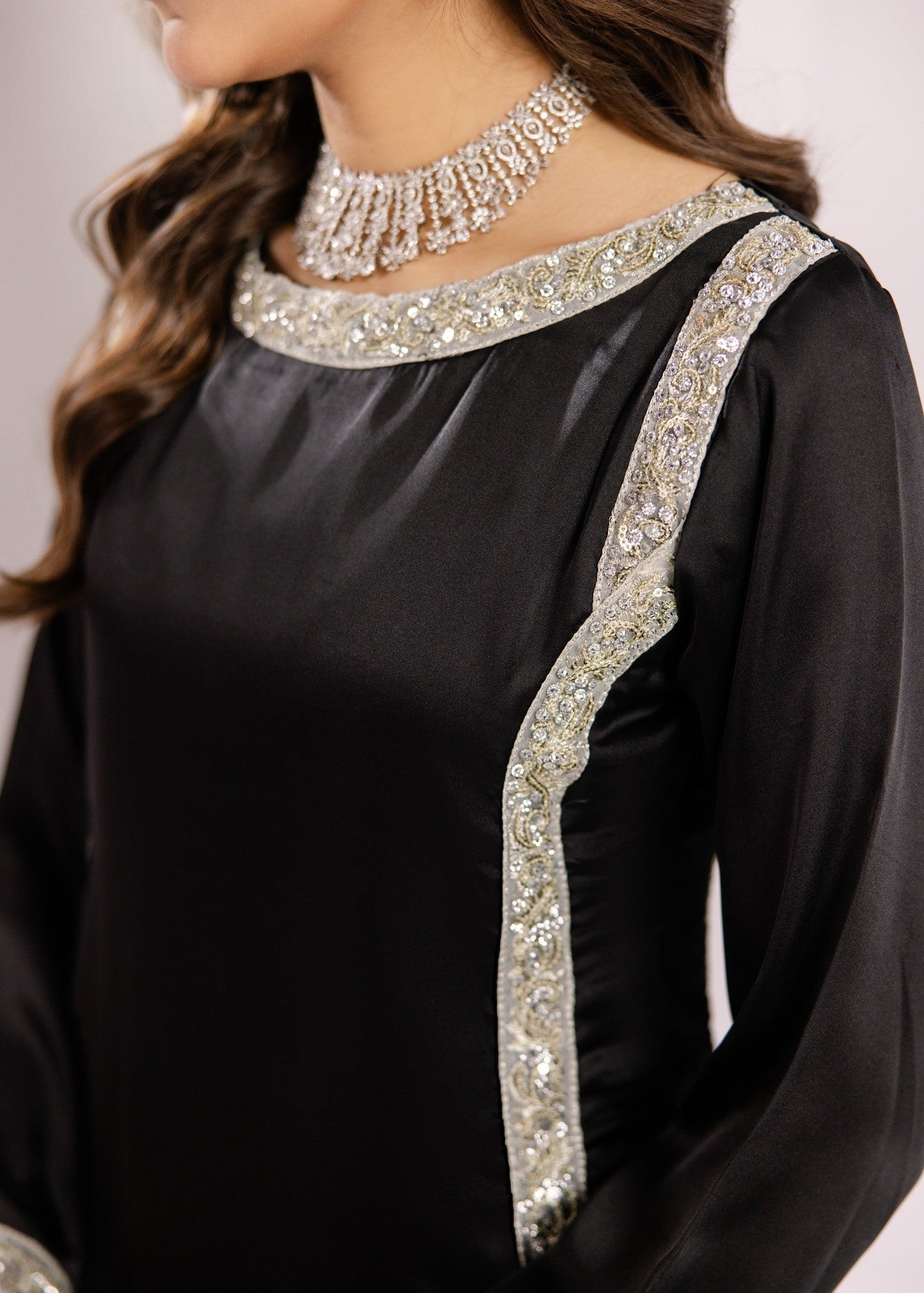 Elegant Black Silk Embroidered Partywear Kurta Set Online in UK USA Canada