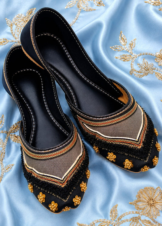 Elegant Black Silk Khussa Footwear Online in KSA Riyadh Saudi Arabia Oman Bahrain Qatar