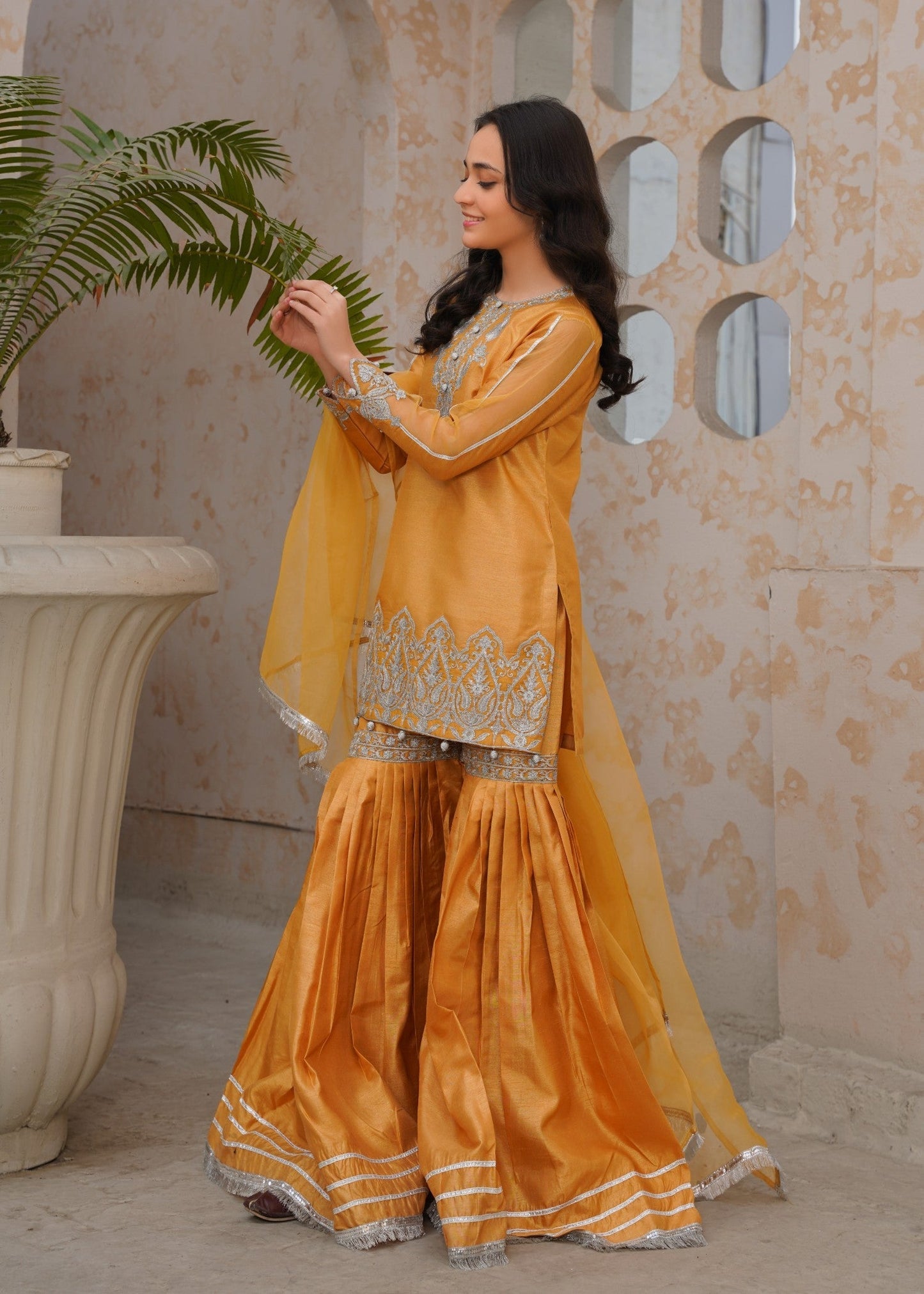 Elegant Gold Raw Silk Gharara Suit Online in KSA Riyadh Saudi Arabia Oman Bahrain Qatar