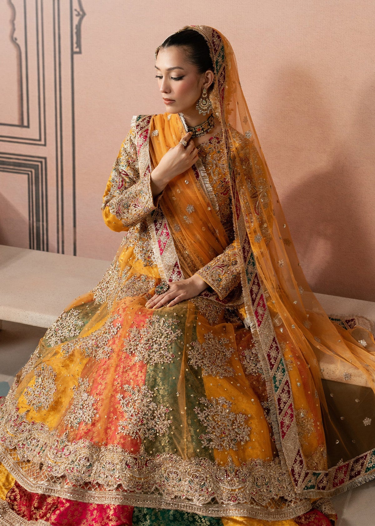 Elegant Golden Orange Wedding Guest Sharara Outfit Online in UK USA Canada