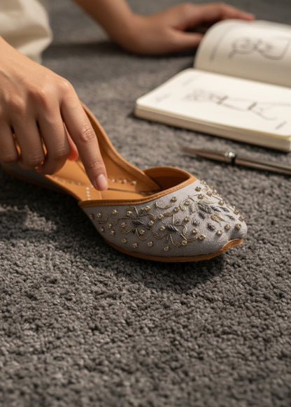 Elegant Grey Leather Khussa Ladies Ethnic Shoes Online in KSA Riyadh Saudi Arabia Oman Bahrain Qatar