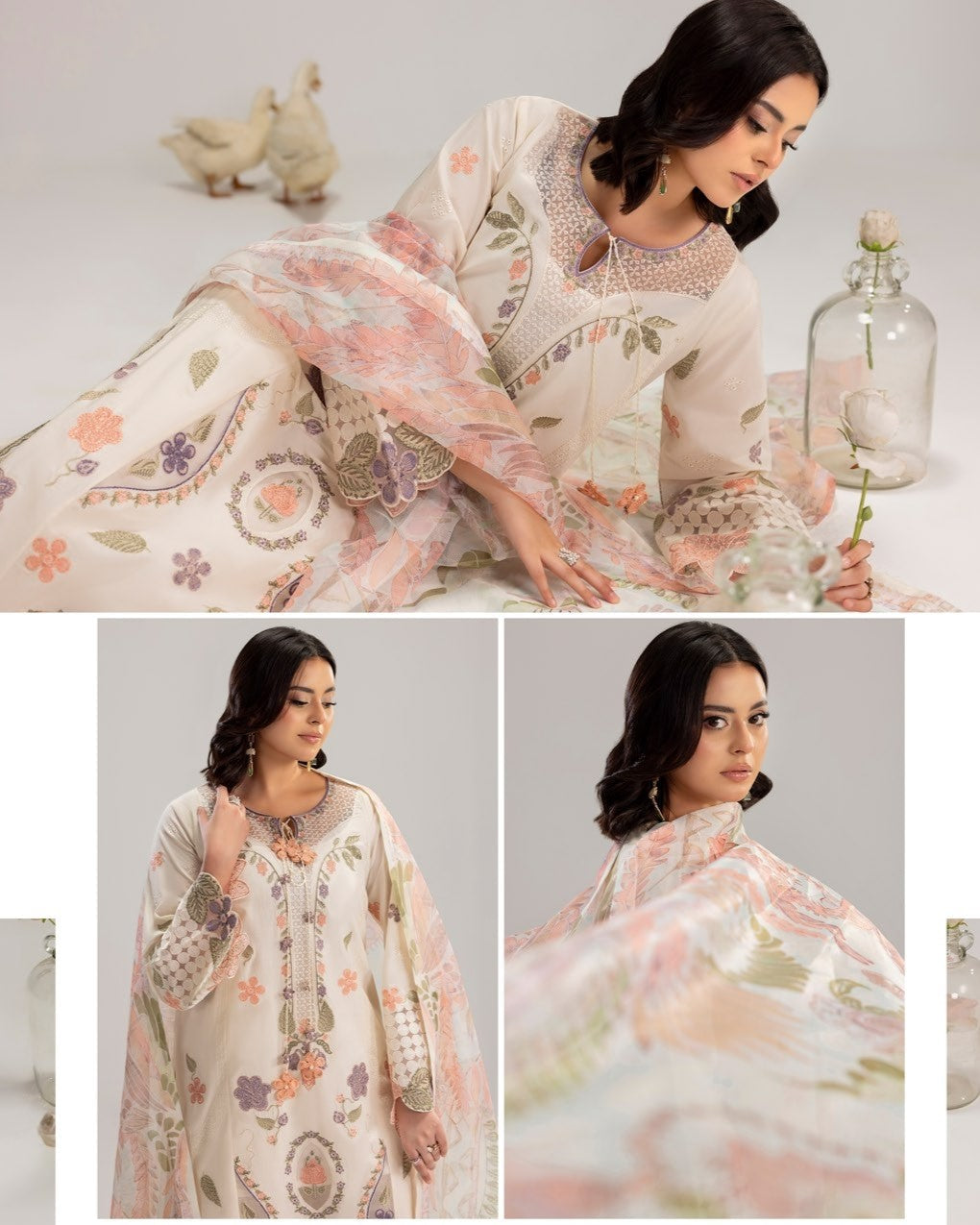 Elegant Ivory Lawn Stitched Suit Online in Dubai UAE Abudhabi Ajman Sharjah