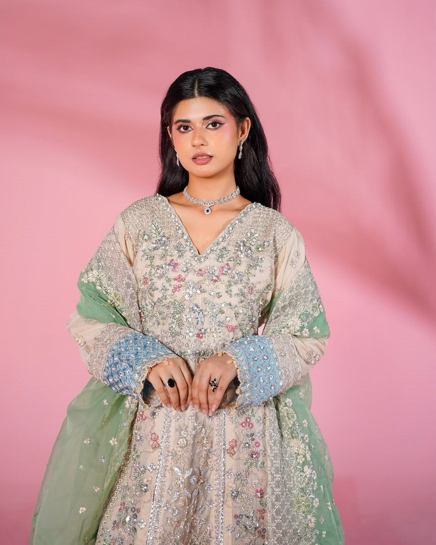 Elegant Peach Net Salwar Kameez with Trousers Online in Dubai UAE Abudhabi Ajman Sharjah