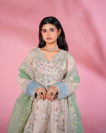 Elegant Peach Net Salwar Kameez with Trousers Online in Dubai UAE Abudhabi Ajman Sharjah