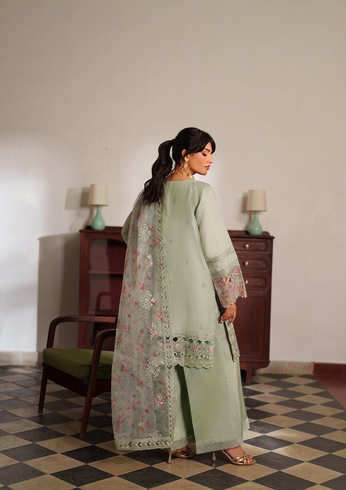 Elegant Pistachio Green Embroidered Suit Online in Dubai UAE Abudhabi Ajman Sharjah