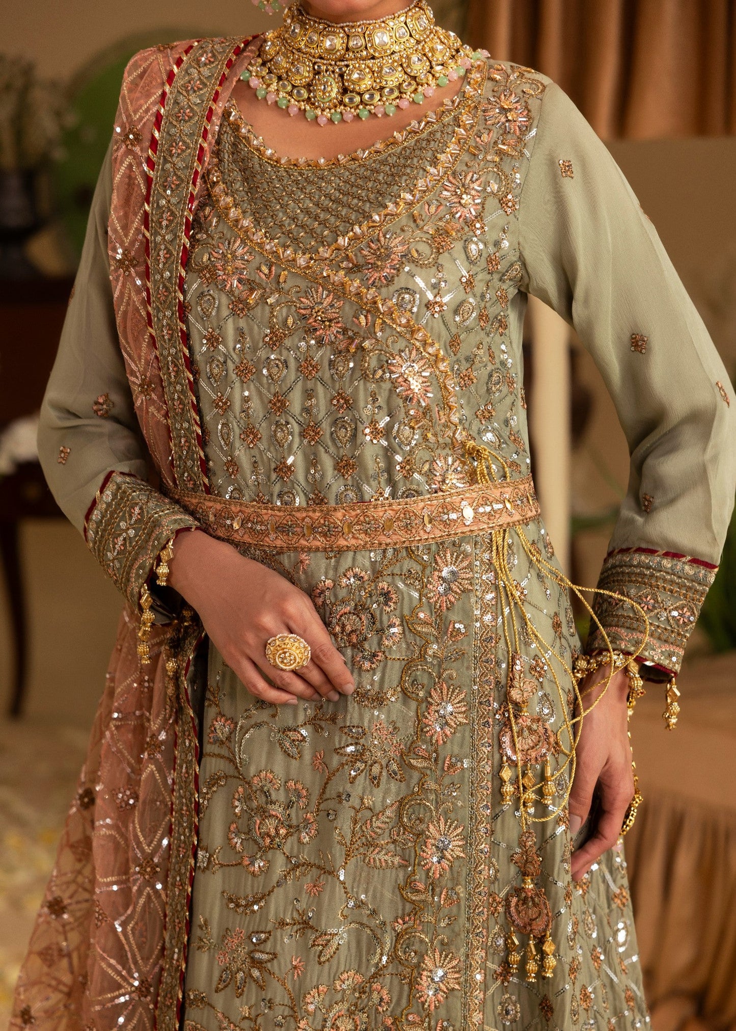 Elegant Sage Green Chiffon Formal Suit Online in Dubai UAE Abudhabi Ajman Sharjah