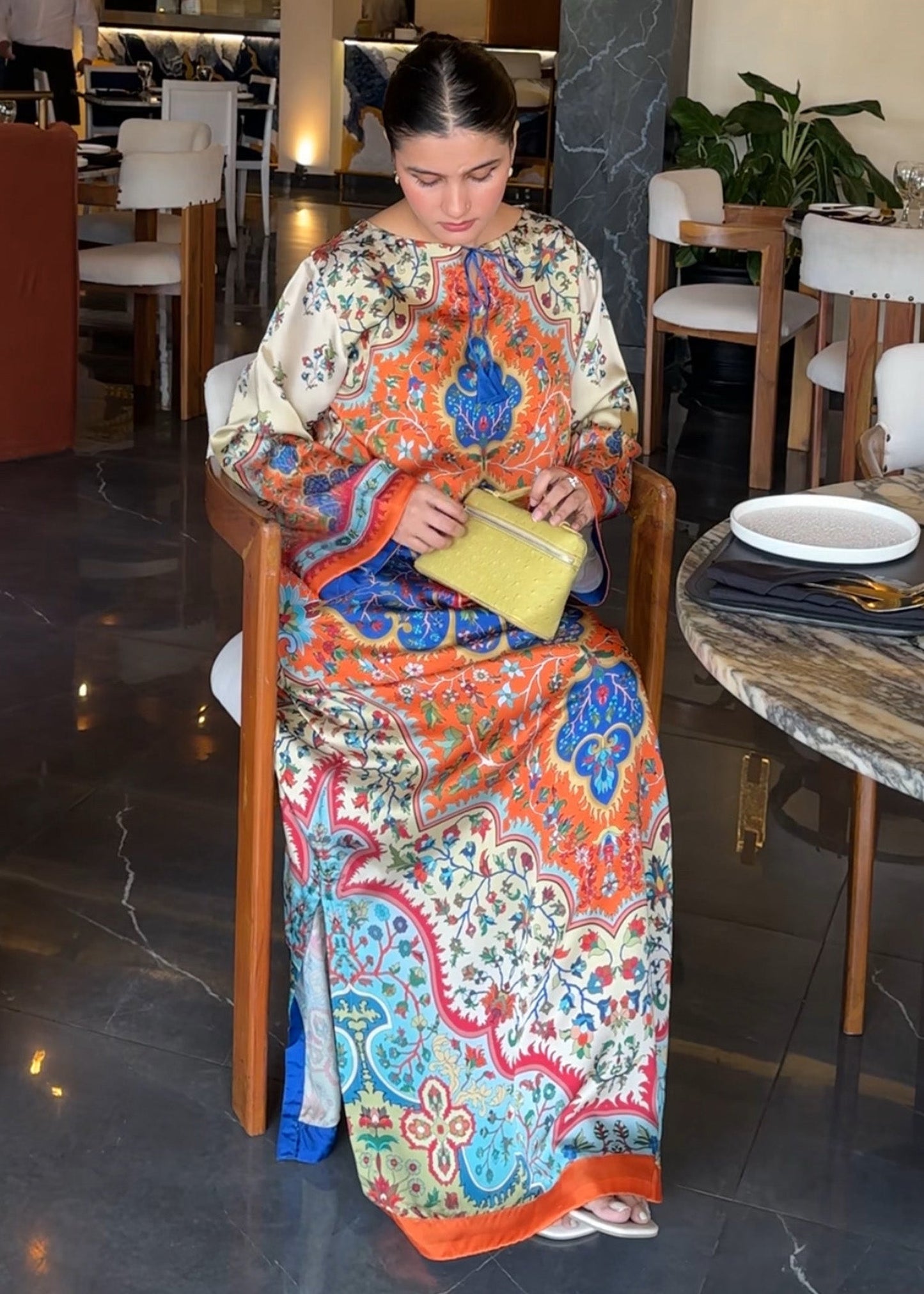 Elegant Silk Kaftan with Print Online in KSA Riyadh Saudi Arabia Oman Bahrain Qatar
