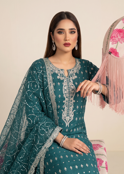 Elegant Teal Embroidered Chiffon Kurta Suit Online in UK USA Canada