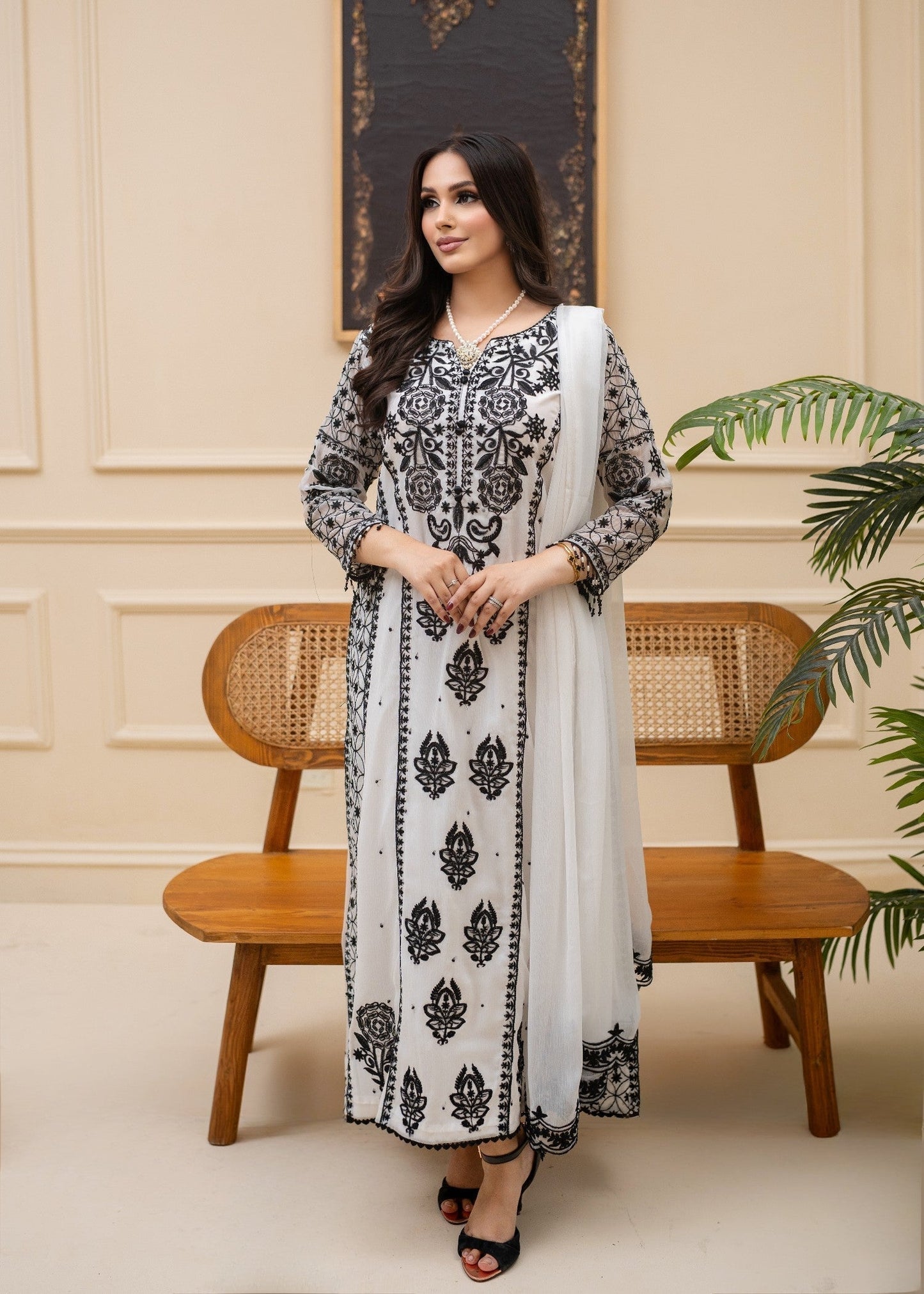 Elegant White Kurta Set with Black Embroidery Online in Sri Lanka India Australia