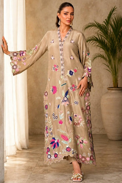 Skin Beige Embellished Silk Kaftan with Dupatta