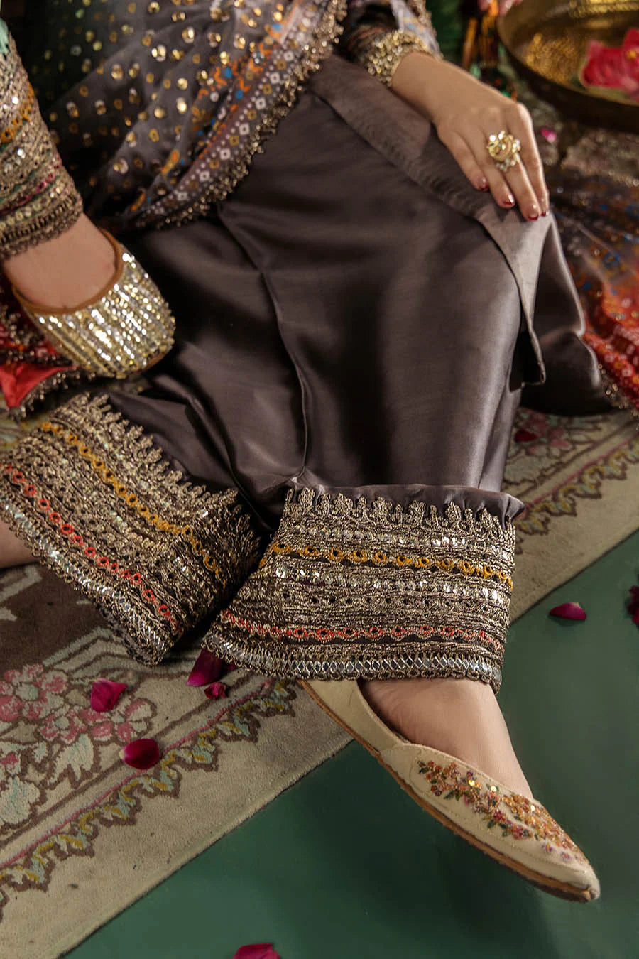 Hand Embroidered Elegant Brown Glass Silk Designer Farshi Shalwar Suit