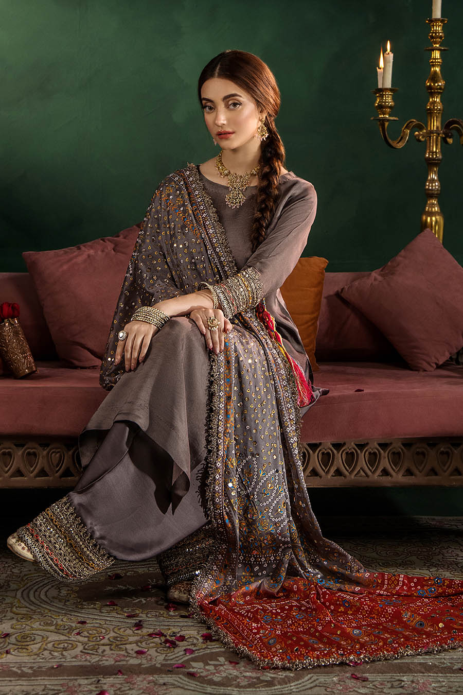 Hand Embroidered Elegant Brown Glass Silk Designer Farshi Shalwar Suit