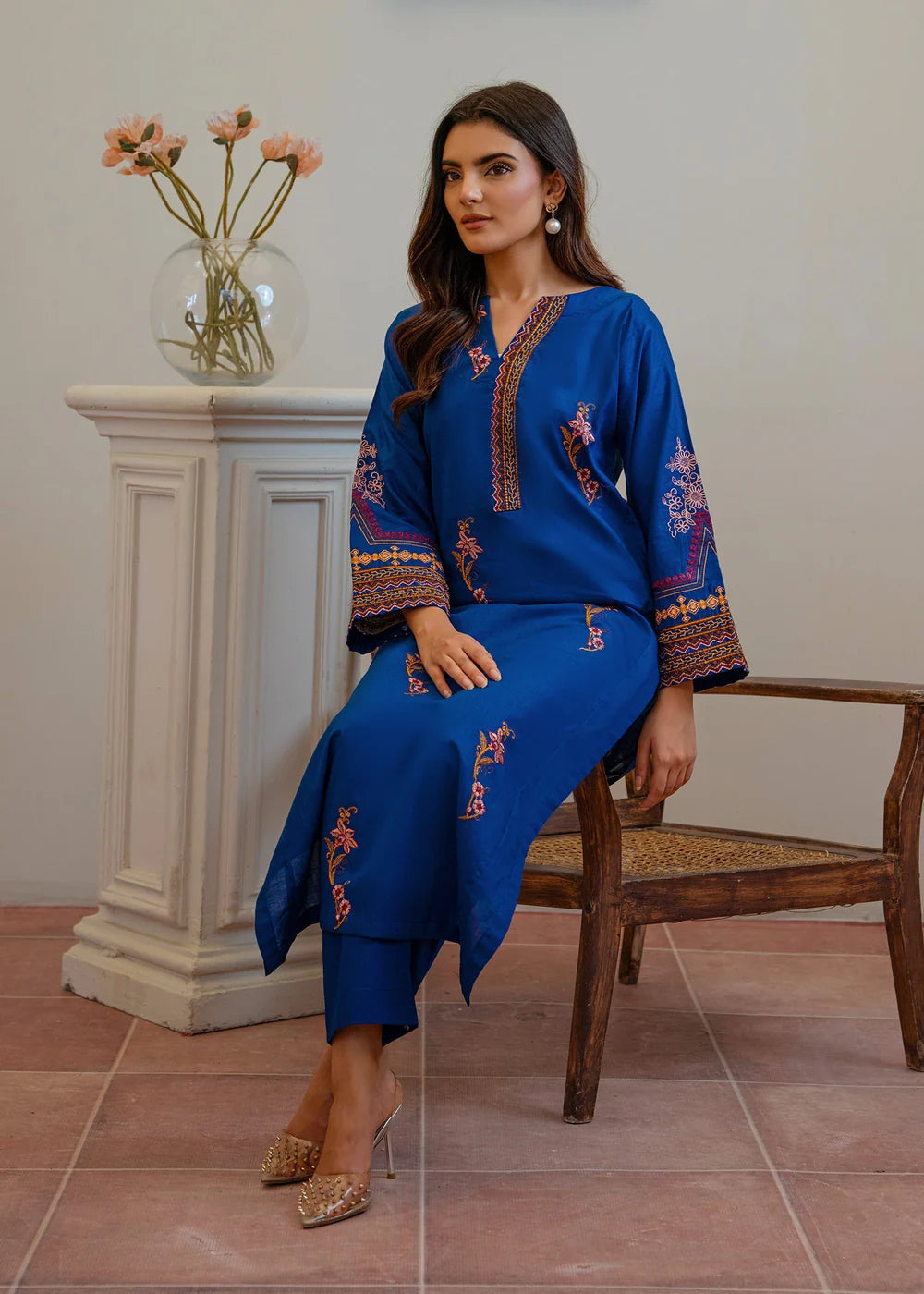 Royal Blue Embroidered Cotton Kurta Set