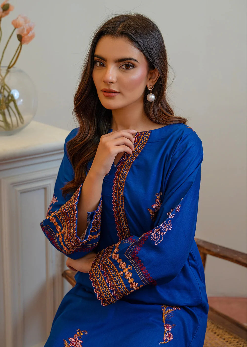 Royal Blue Embroidered Cotton Kurta Set
